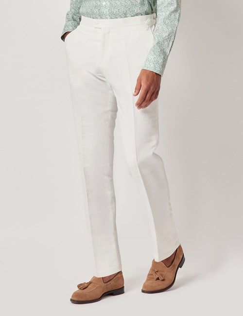 White Italian Linen-Cotton Slim Fit Suit Trousers With Side Adjusters - 1913 Collection