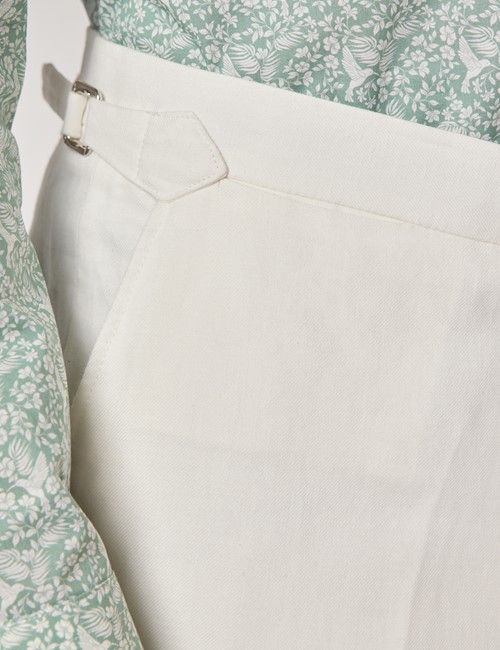 White Italian Linen-Cotton Slim Fit Suit Trousers With Side Adjusters - 1913 Collection-preview
