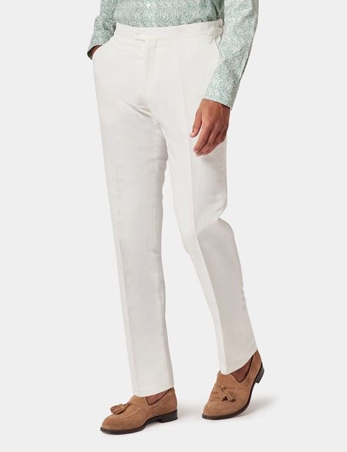 White Italian Linen-Cotton Slim Fit Suit Trousers With Side Adjusters - 1913 Collection