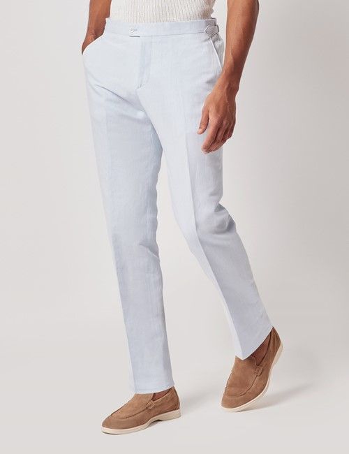 Pale Blue Italian Linen-Cotton Slim Fit Suit Trousers With Side Adjusters - 1913 Collection