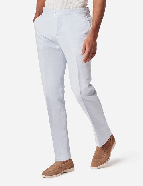 Pale Blue Italian Linen-Cotton Slim Fit Suit Trousers With Side Adjusters - 1913 Collection