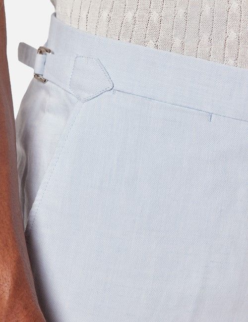 Pale Blue Italian Linen-Cotton Slim Fit Suit Trousers With Side Adjusters - 1913 Collection-preview