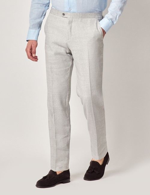 Light Grey Linen-Wool Slim Fit Suit Trousers With Side Adjusters - 1913 Collection