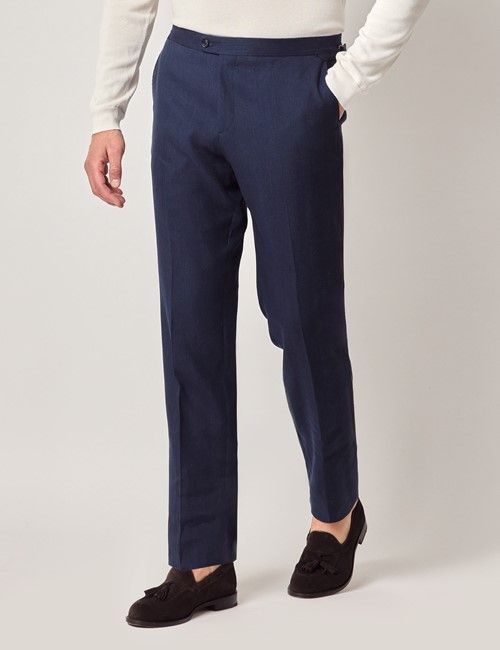 Navy Linen-Wool Slim Fit Suit Trousers With Side Adjusters - 1913 Collection
