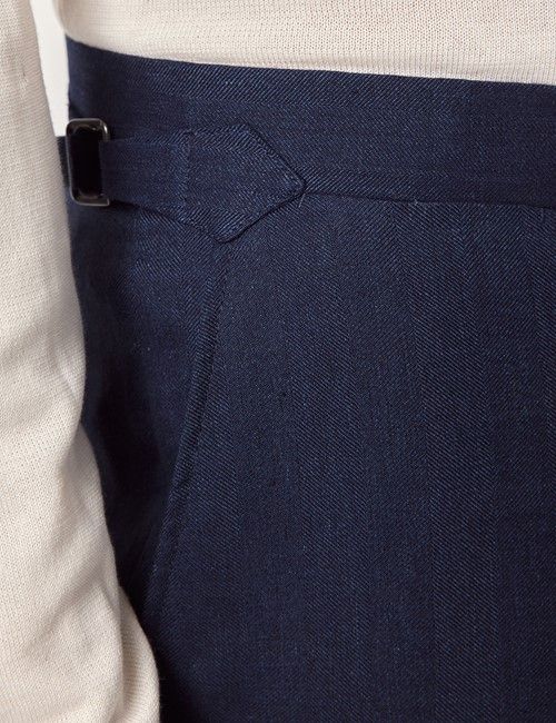 Navy Linen-Wool Slim Fit Suit Trousers With Side Adjusters - 1913 Collection-preview