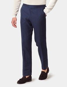 Navy Linen-Wool Slim Fit Suit Trousers With Side Adjusters - 1913 Collection