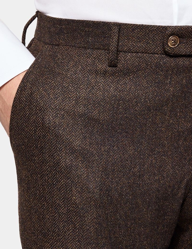 Slim Fit Brown Herringbone 1913 Suit Trousers thumbnail 3
