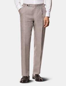 Tailored Fit Brown Melange 1913 Linen Pleated Suit Trousers With Side Adjusters