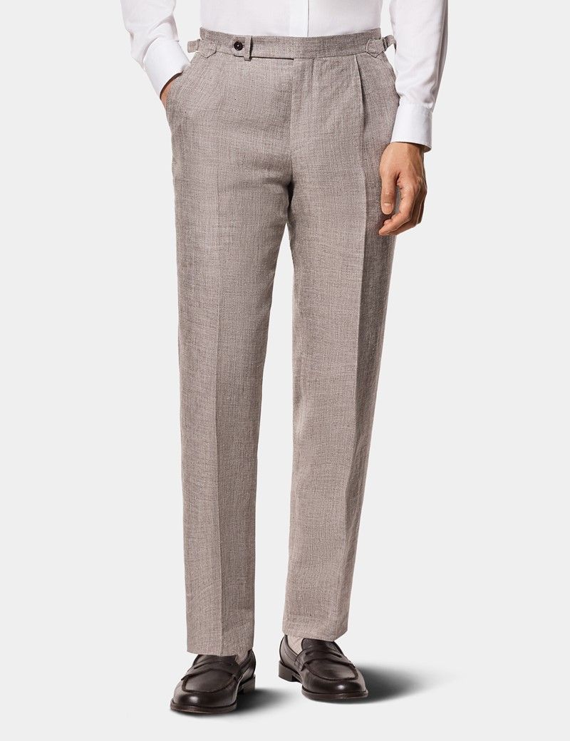 Tailored Fit Brown Melange 1913 Linen Pleated Suit Trousers With Side Adjusters