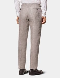 Tailored Fit Brown Melange 1913 Linen Pleated Suit Trousers With Side Adjusters