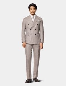 Tailored Fit Brown Melange 1913 Linen Pleated Suit Trousers With Side Adjusters