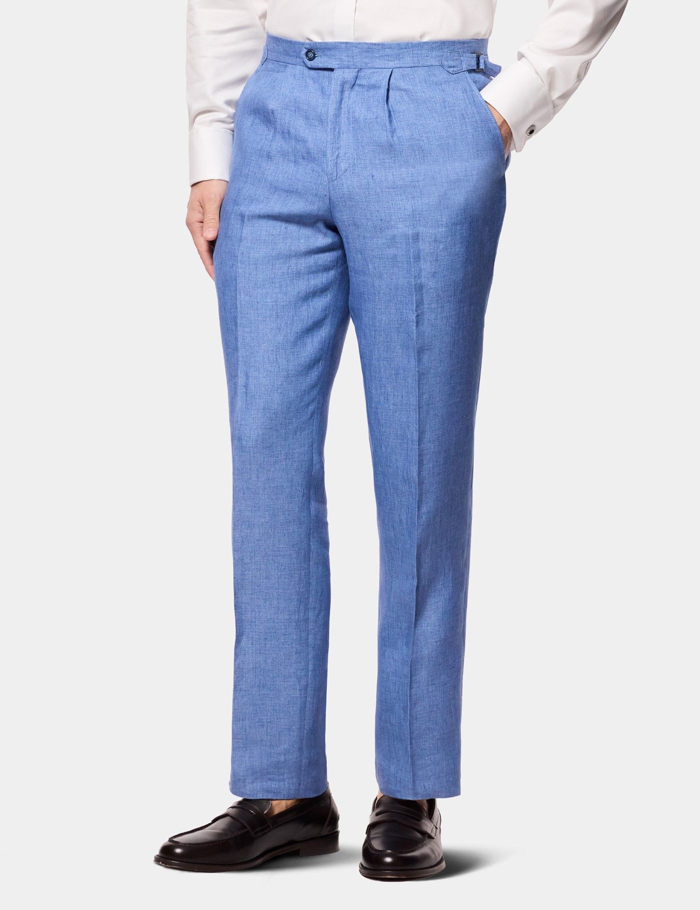 Men's Tailored Fit Denim Blue 1913 Linen Suit Pants With Side Adjusters | Hawes & Curtis Men's Tailored Fit Denim Blue 1913 Linen Suit Pants With Side Adjusters | Hawes & Curtis