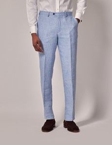 Light Blue Herringbone Tailored Italian Linen Pants - 1913 Collection