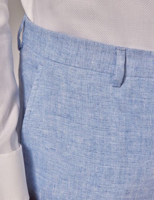 Light Blue Herringbone Tailored Italian Linen Pants - 1913 Collection-preview