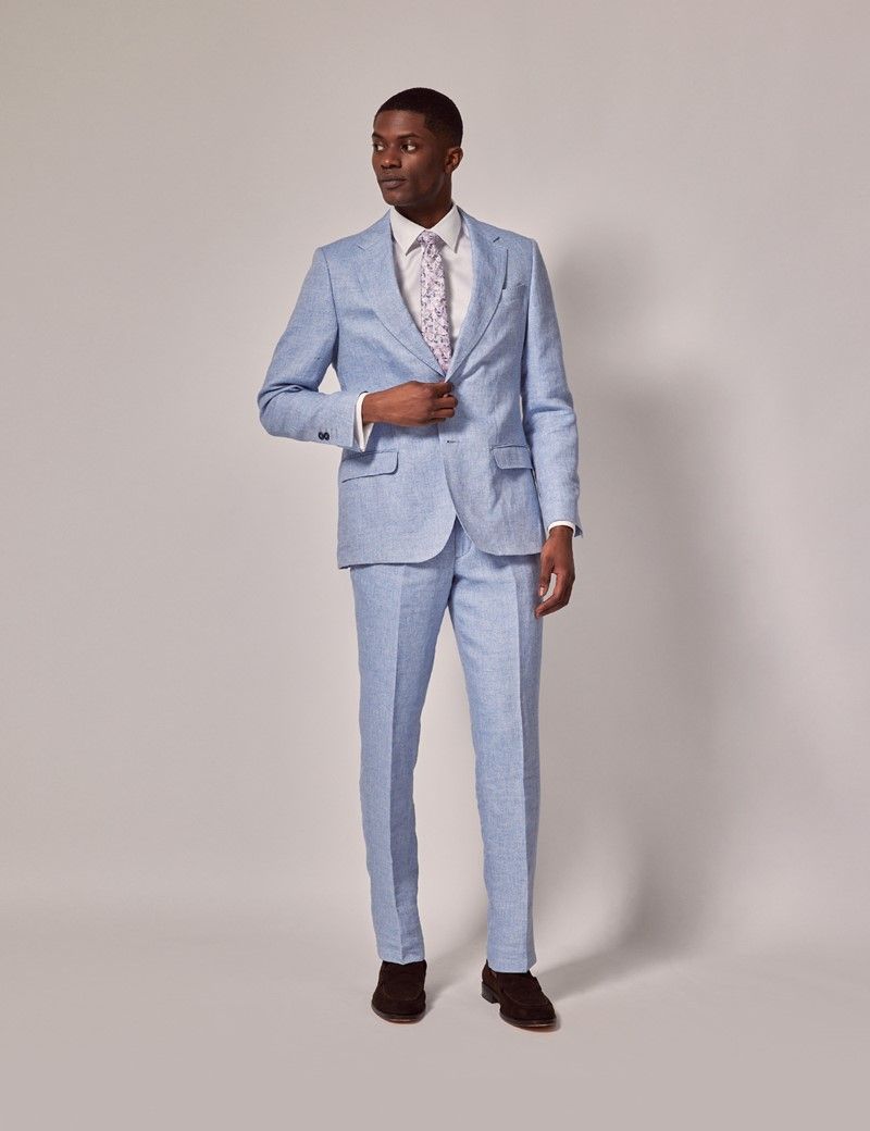 Men's Light Blue Herringbone Linen Tailored Italian Suit Trousers ...