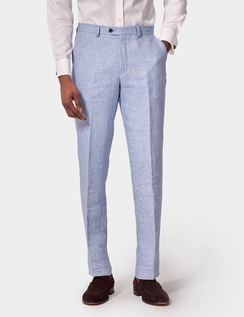Light Blue Herringbone Tailored Italian Linen Pants - 1913 Collection