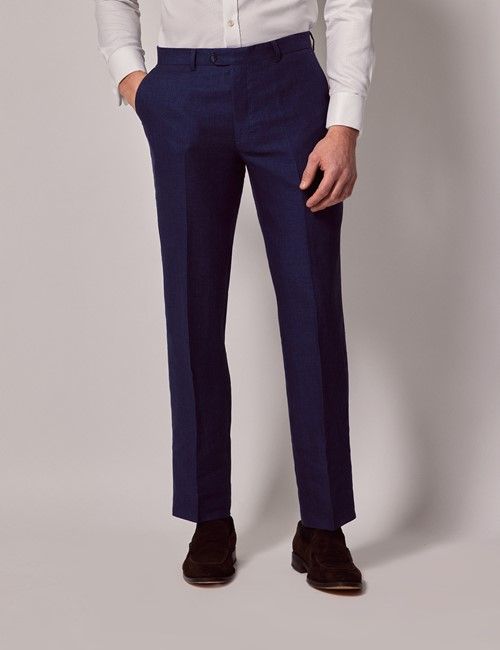 Royal Blue Herringbone Tailored Italian Linen Hemmed Pants – 1913 Collection
