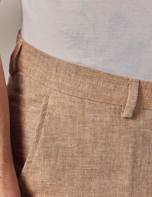 Beige Herringbone Tailored Italian Linen Hemmed Pants – 1913 Collection-preview