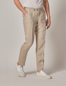 Natural Herringbone Tailored Italian Linen Hemmed Trousers – 1913 Collection