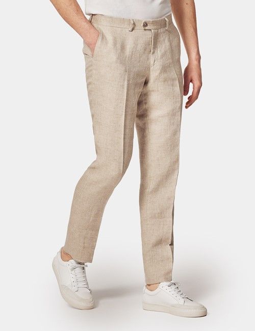 Natural Herringbone Tailored Italian Linen Hemmed Trousers – 1913 Collection