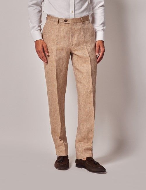 Sand Herringbone Tailored Italian Linen Hemmed Trousers – 1913 Collection