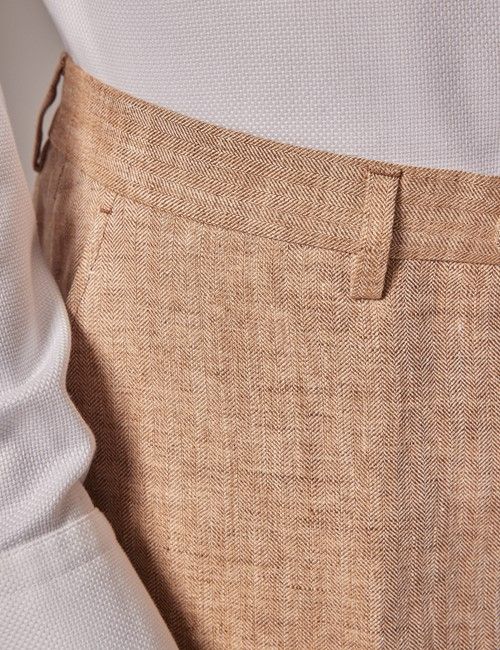 Sand Herringbone Tailored Italian Linen Hemmed Trousers – 1913 Collection-preview