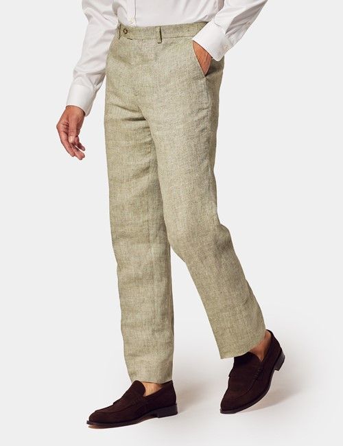 Green Tailored Italian Linen Hemmed Pants - 1913 Collection