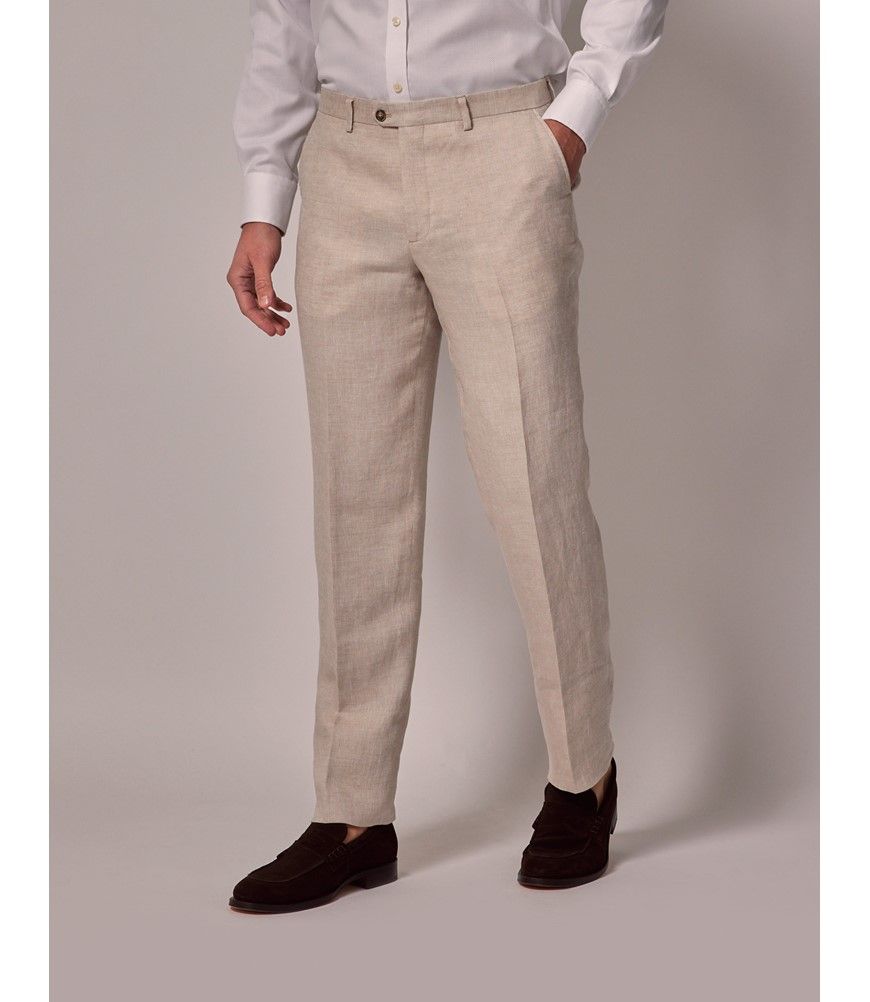 Cream Italian Linen Tailored Fit Hemmed Trousers - 1913 Collection Cream Italian Linen Tailored Fit Hemmed Trousers - 1913 Collection