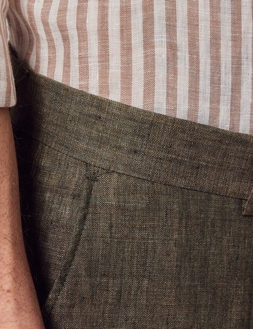 Dark Green Linen Tailored Italian Suit Trousers - 1913 Collection-preview