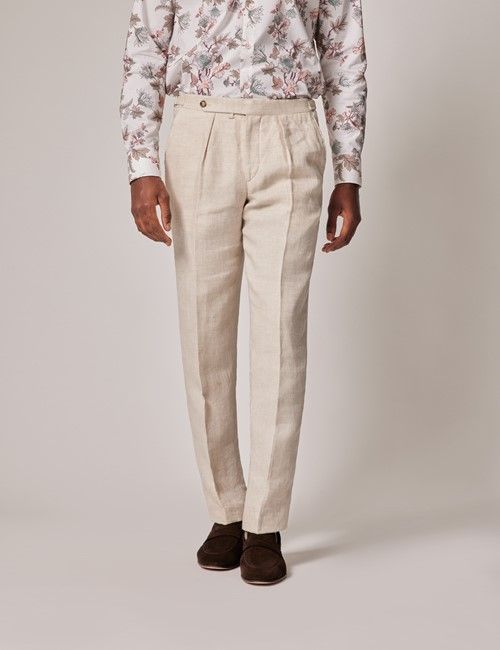 Cream Linen Tailored Fit Pleated Suit Pants