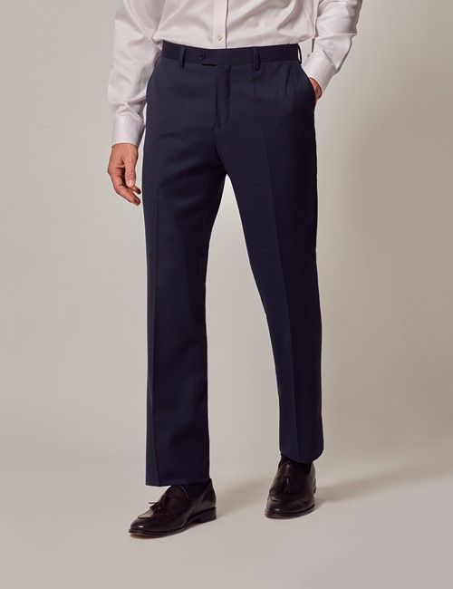 Navy Hopsack Wool Slim Fit Suit Trousers