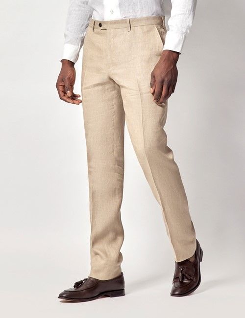 Taupe Hopsack Linen Slim Fit Suit Pants