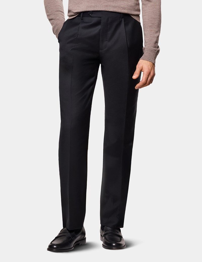 Regular Fit Black Twill Pleated Trousers
