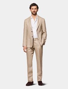 Tailored Fit Taupe Hopsack Linen Suit Trousers