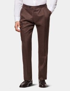 Tailored Fit Brown Linen Suit Trousers With Side Adjusters