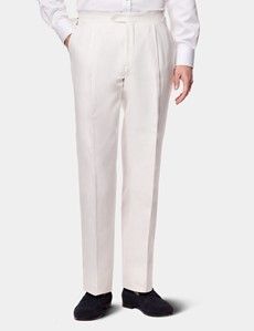 Tailored Fit Cream White Herringbone Linen Suit Trousers