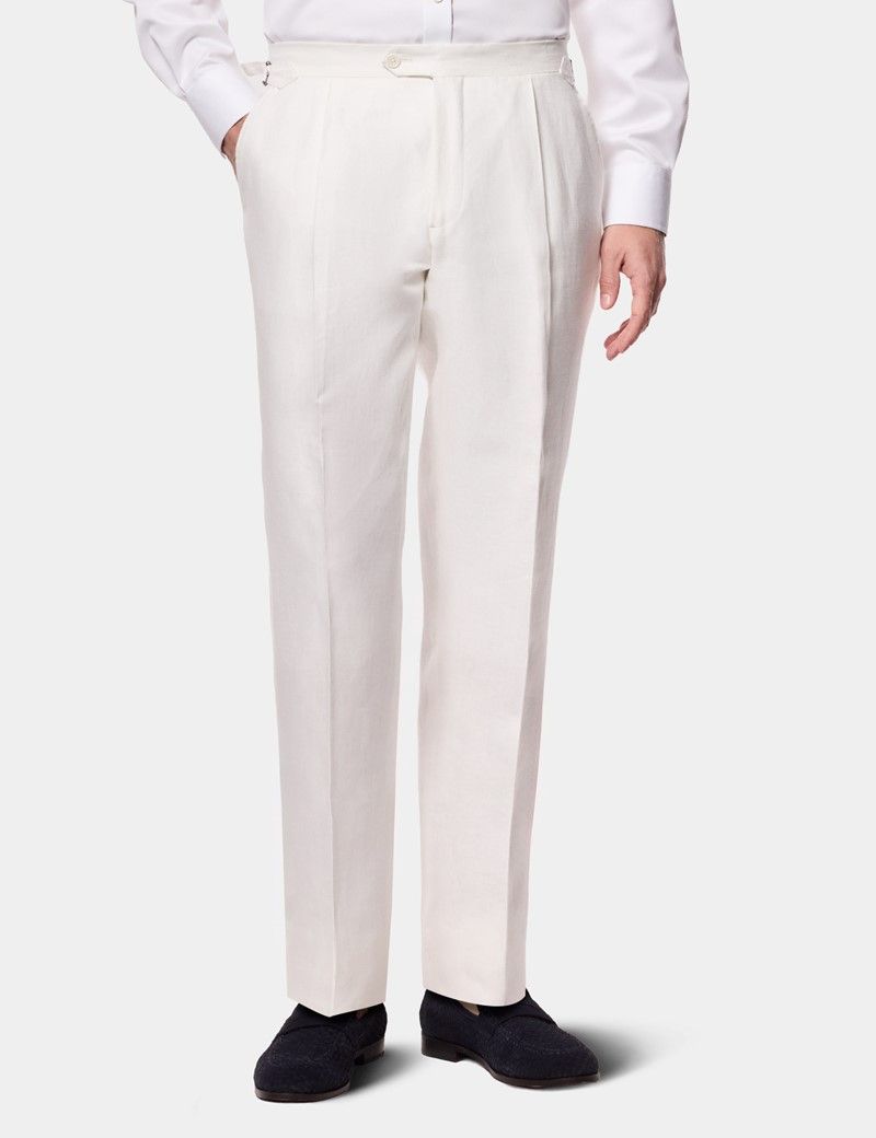 Tailored Fit Cream White Herringbone Linen Suit Trousers