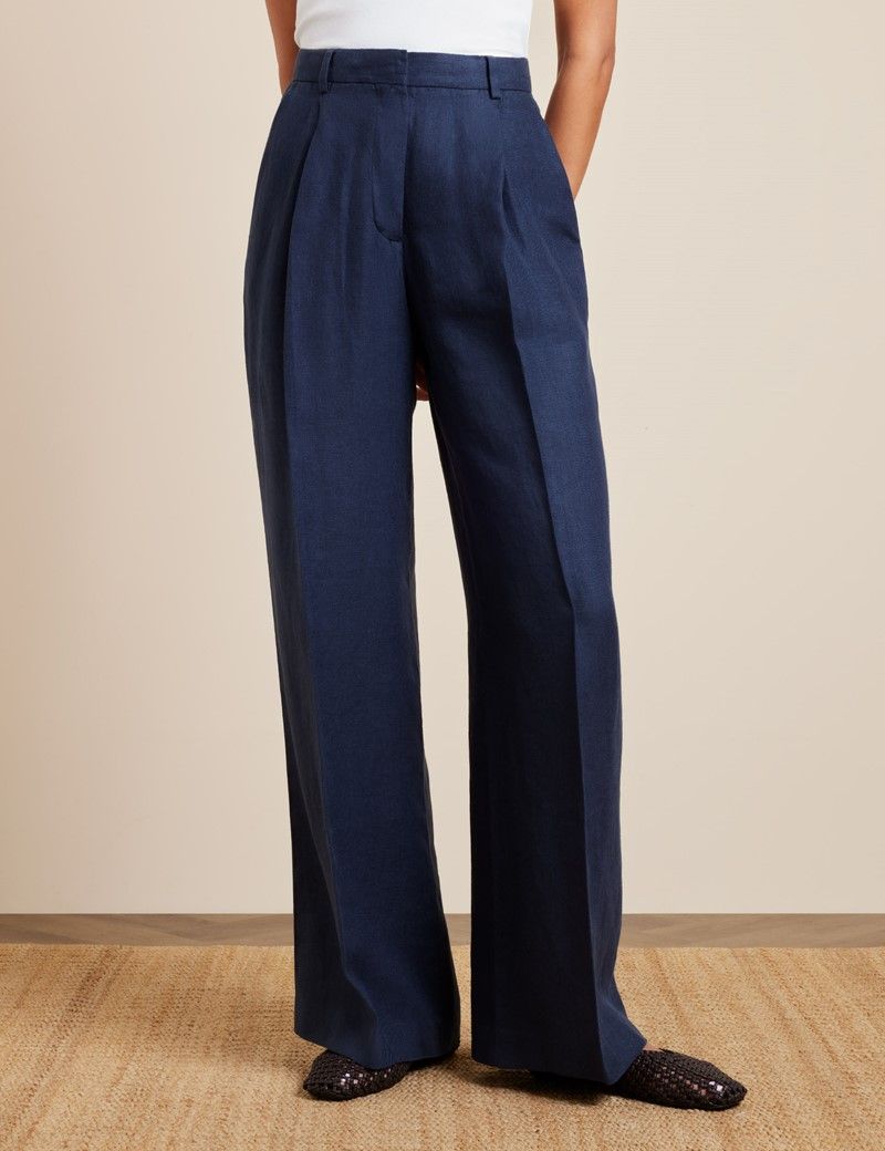 Navy Pleated Wide Leg Linen Trousers