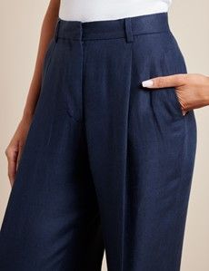 Navy Pleated Wide Leg Linen Trousers