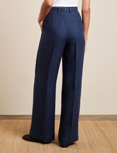 Navy Pleated Wide Leg Linen Trousers