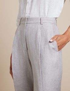 Light Grey Pleated Wide Leg Linen Trousers