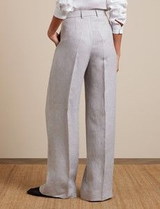 Light Grey Pleated Wide Leg Linen Trousers