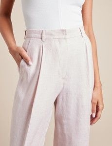 Pink Pleated Wide Leg Linen Trousers