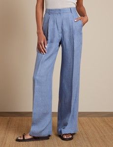 Blue Pleated Wide Leg Linen Trousers