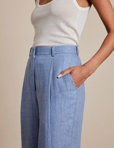 Blue Pleated Wide Leg Linen Trousers