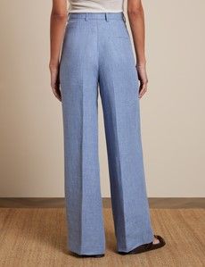 Blue Pleated Wide Leg Linen Trousers