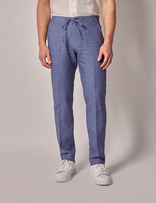 Mid Blue Linen Drawstring Pants