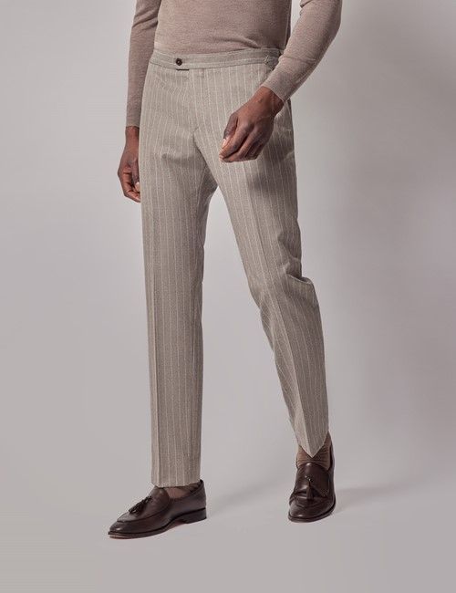 Taupe Stripe Italian Flannel Wool Slim Fit Suit Pants With Side Adjusters - 1913 Collection