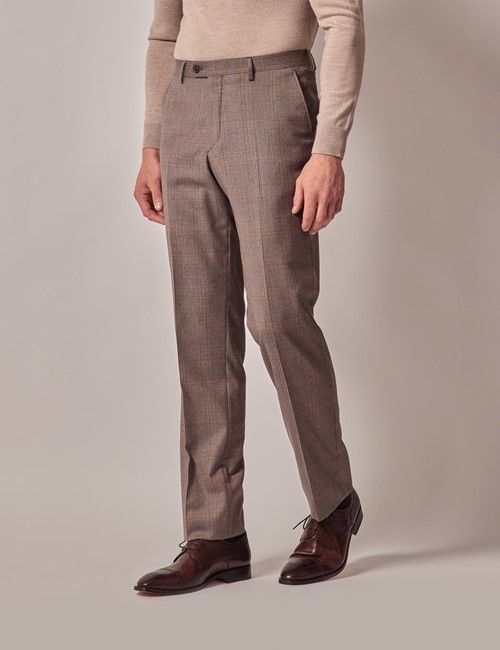 Brown Check Italian Flannel Wool Tailored Fit Suit Pants - 1913 Collection
