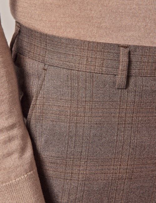 Brown Check Italian Flannel Wool Tailored Fit Suit Pants - 1913 Collection-preview